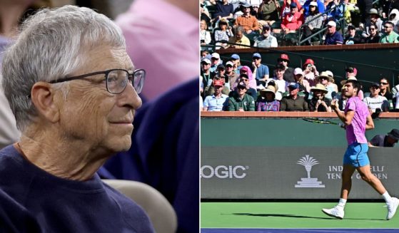 At right, Spain's Carlos Alcaraz makes his way off the court after a swarm of bees arrived during his men's quarterfinal tennis match against Germany's Alexander Zverev during the ATP-WTA Indian Wells Masters at the Indian Wells Tennis Garden in Indian Wells, California, on March 14. At left, Bill Gates is seen watching a match at Indian Wells on March 12.