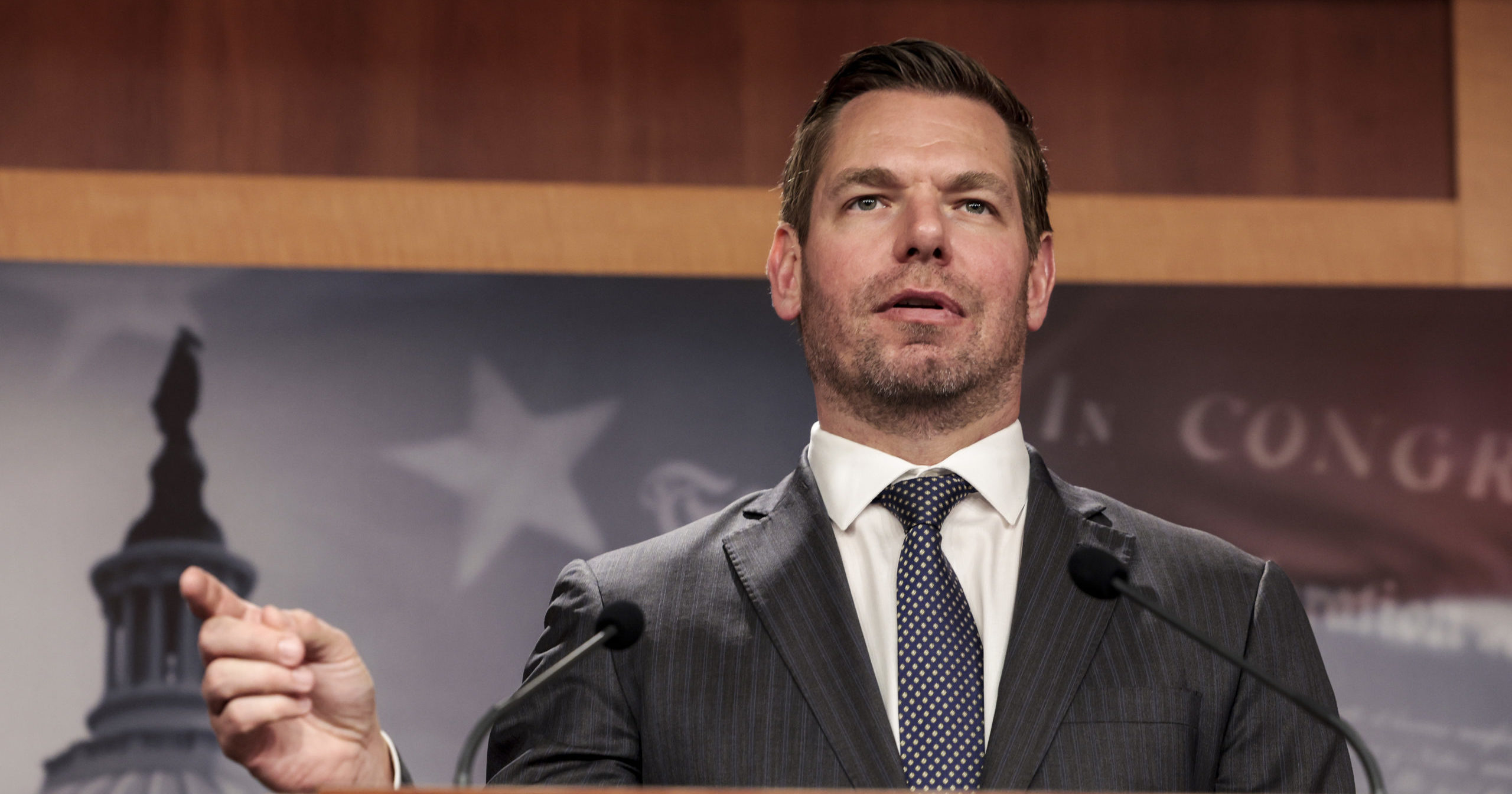 Rep. Eric Swalwell (D-CA) speaks alongside Sen. Jack Reed (D-RI) during a news conference on the introduction of their Protection from Abusive Passengers Act at the U.S. Capitol Building on April 6, 2022 in Washington, DC.