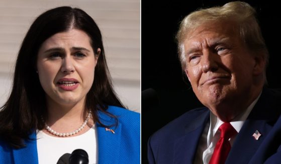 At left, Colorado Secretary of State Jena Griswold speaks to reporters outside the U.S. Supreme Court in Washington on Feb. 8. At right, Republican presidential candidate and former President Donald Trump speaks during a campaign event at Greensboro Coliseum in Greensboro, North Carolina, on Saturday.