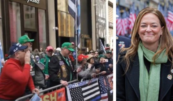 New York City Fire Commissioner Laura Kavanagh walked in Saturday's St. Patrick's Day parade in New York. Hecklers booed her and held up disparaging signs as she walked by.
