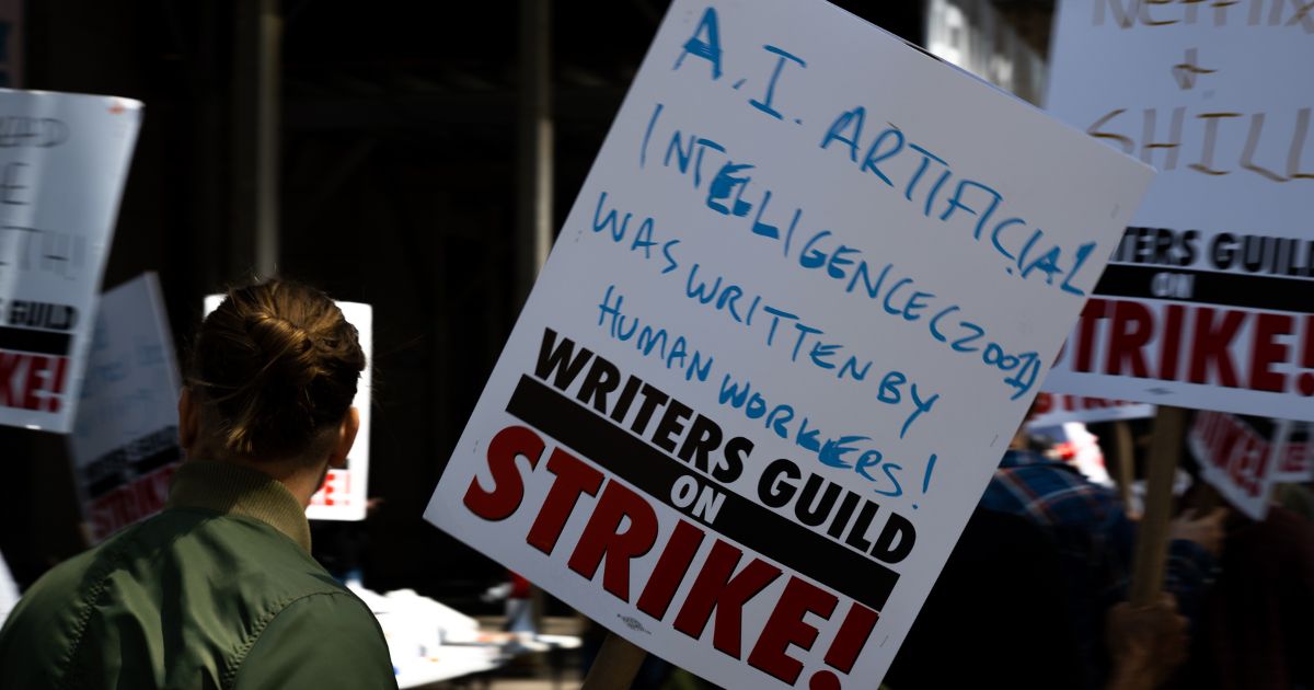 Members of the Writers Guild of America strike against the potential use of artificial intelligence in their industry.