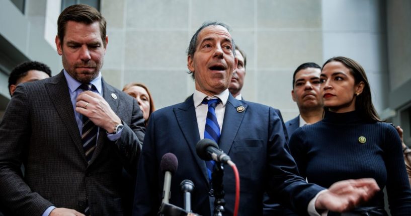 Democratic Rep. Jamie Raskin, center, speaks during a news conference - surrounded by other House Democrats - during a break in the deposition of Hunter Biden in Washington, D.C., on Wednesday.