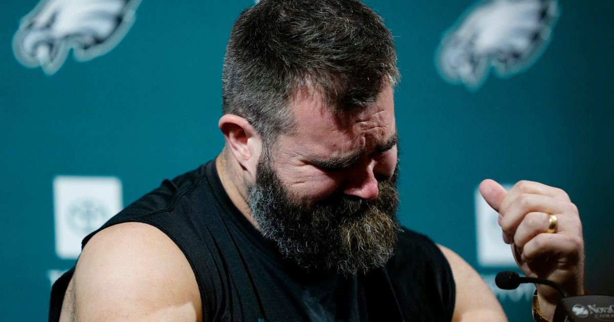 Philadelphia Eagles' Jason Kelce reacts during an NFL football news conference announcing his retirement in Philadelphia, Pennsylvania, on March 4.