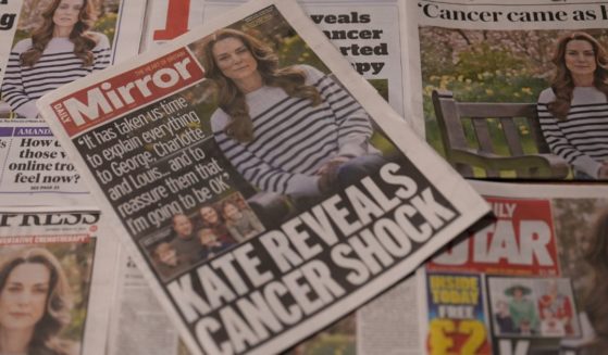 U.K. newspaper front pages, including The Daily Telegraph, Daily Express, The Star, The Daily Mail, The Guardian and The Times, display an image of Britain's Catherine, Princess of Wales from an announcement video on her cancer diagnosis in London, England, on Saturday.