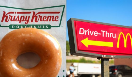 At left, a Krispy Kreme glazed doughnut is displayed in Daly City, California, on May 12, 2022. At right, a McDonald's drive-thru sign is seen in Providence, Rhode Island, on July 25.