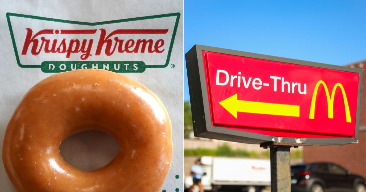 At left, a Krispy Kreme glazed doughnut is displayed in Daly City, California, on May 12, 2022. At right, a McDonald's drive-thru sign is seen in Providence, Rhode Island, on July 25.