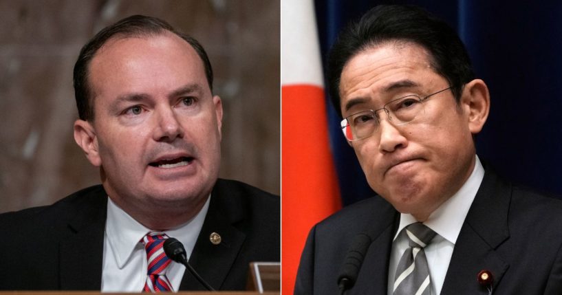Sen. Mike Lee, left, blasted Japanese Prime Minister Fumio Kishida, right, and the country of Japan in a series of X posts over their treatment of U.S. Navy Lt. Ridge Alkonis after a medical emergency caused a fatal car crash in 2021.