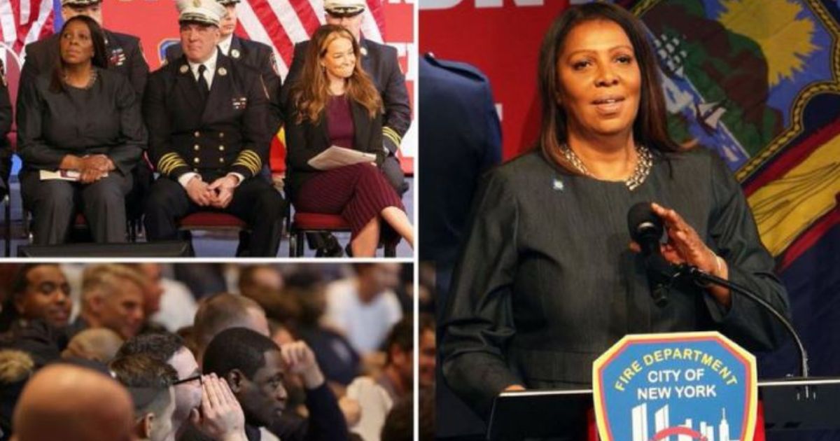 Firefighters and staff booed New York Attorney General Letitia James during a promotion ceremony Thursday in New York.