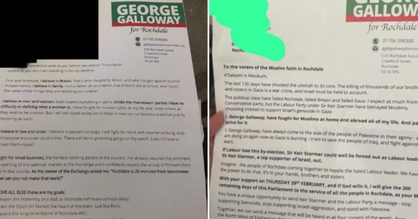 British far-left Parliamentary candidate George Galloway sent different letters to the White voters and Muslim voters in the town of Rochdale, and the letters have gone viral for all the wrong reasons.