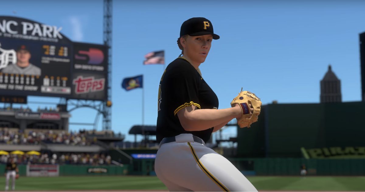 An image of a female character in the new game mode for "MLB The Show 24" called "Road to the Show: Women Pave Their Way."