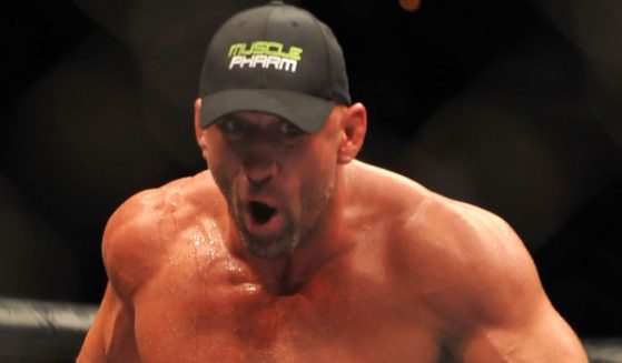 Mark Coleman reacts after the judges announced he defeated Stephan Bonnar by unanimous decision after their light heavyweight bout during UFC 100 in Las Vegas, Nevada, on July 11, 2009.