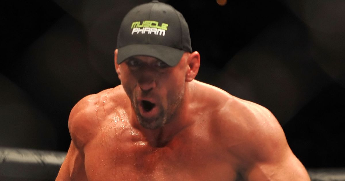 Mark Coleman reacts after the judges announced he defeated Stephan Bonnar by unanimous decision after their light heavyweight bout during UFC 100 in Las Vegas, Nevada, on July 11, 2009.