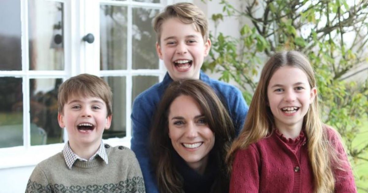 An image of Princess of Wales Kate Middleton with her children, Louis, left, George, top, and Charlotte.