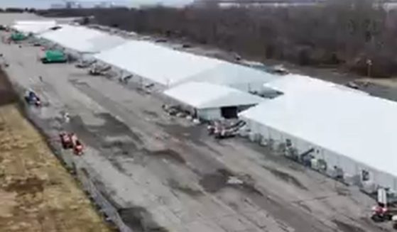 Drone footage was taken of the Floyd Bennett Field illegal immigrant camp in Brooklyn, New York.