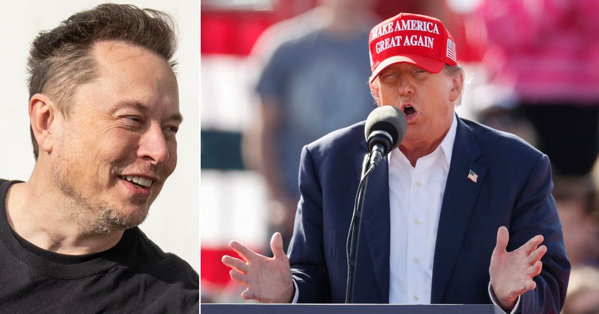 X owner Elon Musk, left, defended comments made by Republican presidential candidate and former President Donald Trump, right, during a rally in Vandalia, Ohio, on Saturday.