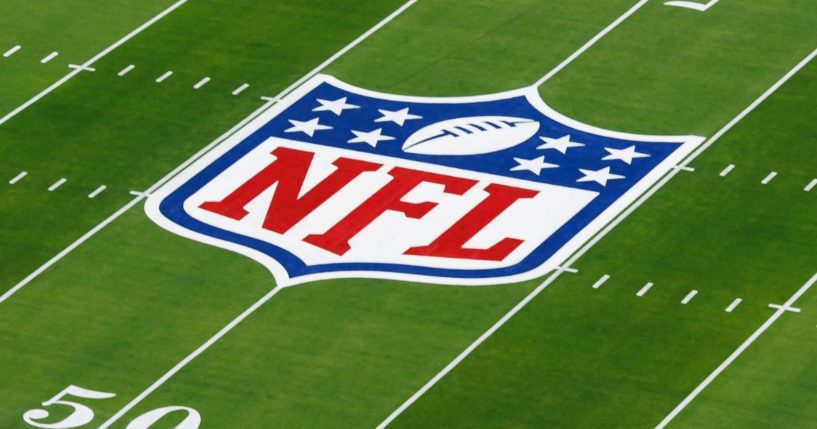 The NFL shield logo painted on the field before Super Bowl LVIII between the Kansas City Chiefs and San Francisco 49ers in Las Vegas, Nevada, on Feb. 11.