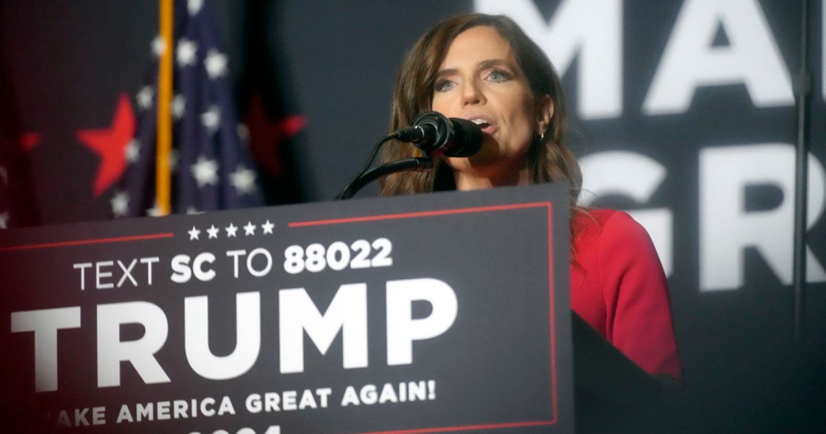 Rep. Nancy Mace, R-S.C., speaks at a campaign rally for former President Donald Trump, Feb. 14, in North Charleston, South Carolina.