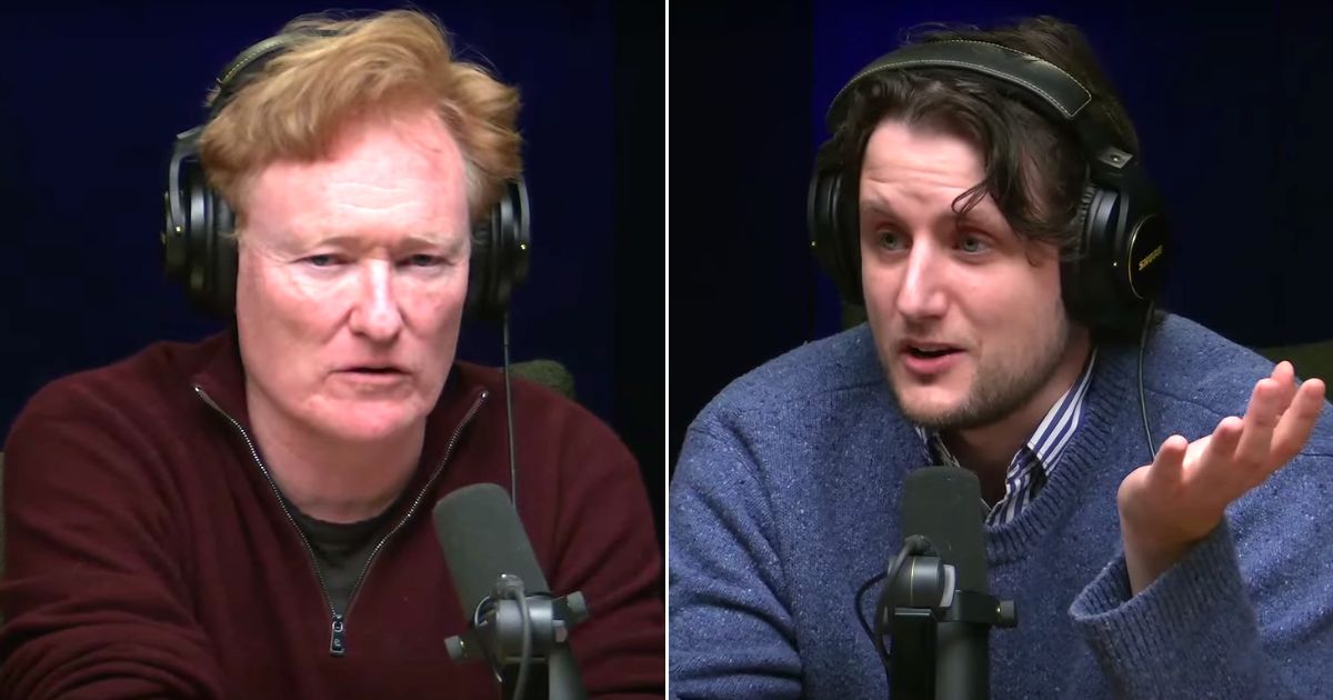 Comedian Conan O'Brien, left, and Zach Woods talked about skewering "lot of the stuff that I think need skewering" on O'Brien's podcast.