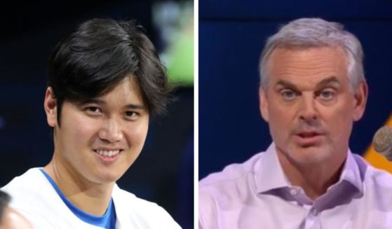 Shohei Ohtani, of the Los Angeles Dodgers, (left) and sports commentator Colin Cowherd.