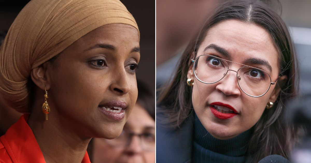 At left, Rep. Ilhan Omar speaks during a news conference at the U.S. Capitol in Washington on Sept. 20. At right, Rep. Alexandria Ocasio-Cortez speaks to the media outside the Thomas P. O'Neil Jr. House Office Building in Washington on Feb. 28.