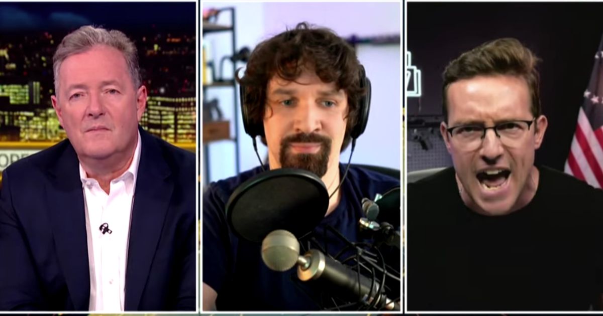 Video game streamer "Destiny," center, and Trump supporter Benny Johnson, right, clashed on a recent edition of “Piers Morgan Uncensored," hosted by Morgan, left.
