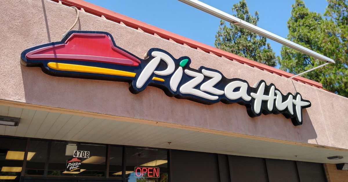 A stock photo shows the sign of a Pizza Hut restaurant in Bakersfield, California, on July 9, 2022.
