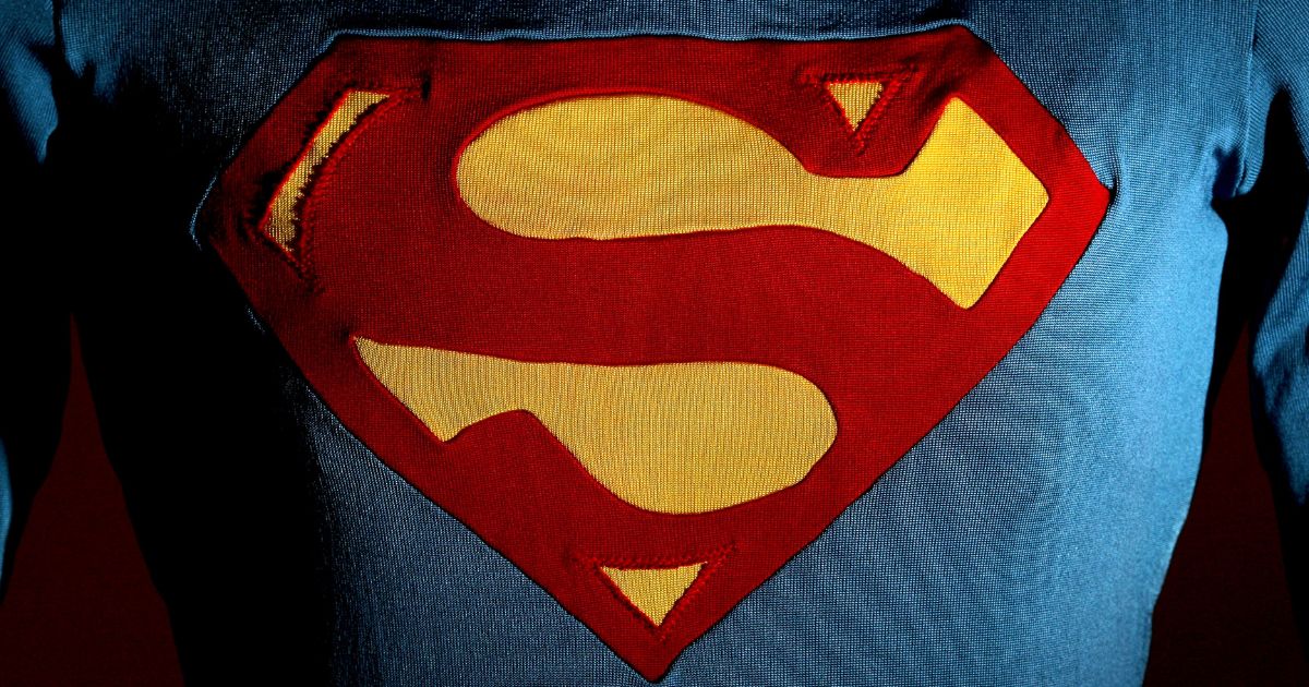 The Superman suit worn by Christopher Reeve in "Superman III" displayed at an auction house in Melbourne, Australia.