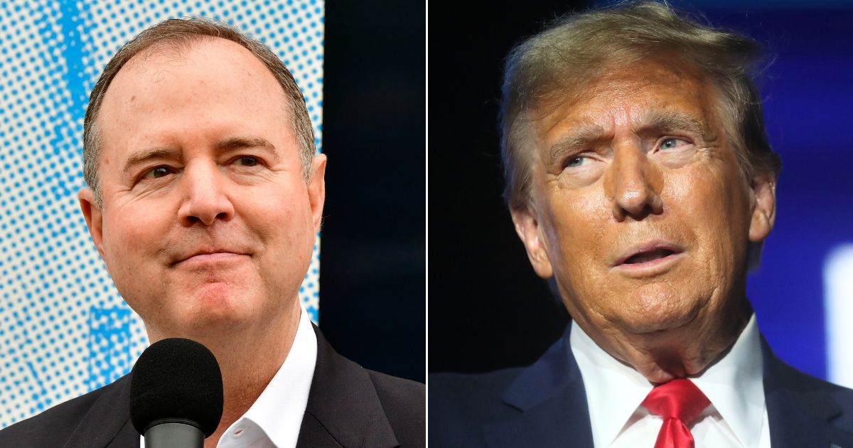 At left, Democratic Rep. Adam Schiff speaks in Los Angeles on May 26. At right, Republican presidential candidate and former President Donald Trump arrives at the National Rifle Association presidential forum at the Great American Outdoor Show in Harrisburg, Pennsylvania, on Feb. 9.