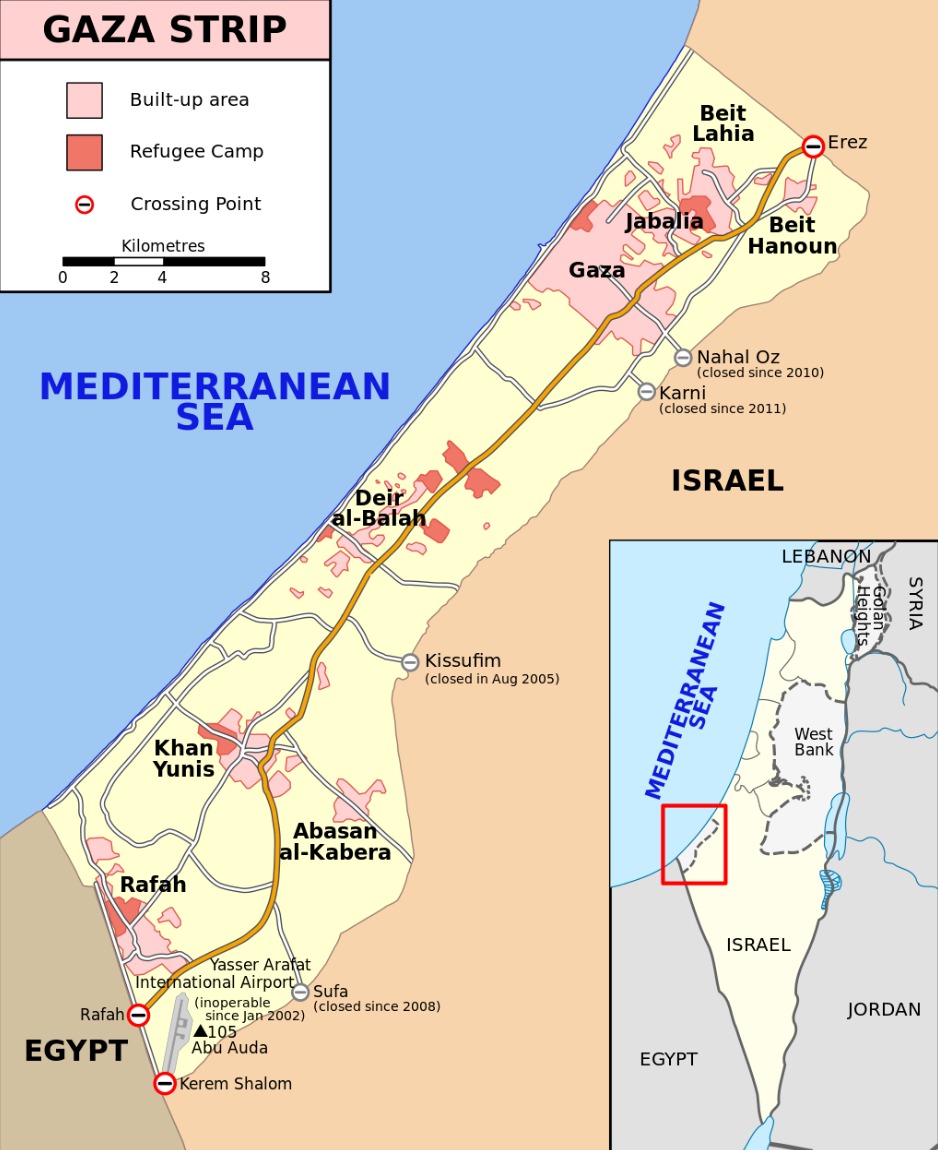 Map showing Rafah, the Palestinian City at the southern end of the Gaza Strip, on the border with Egypt.