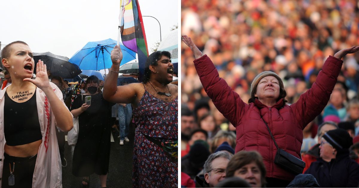 Activists and advocates participate in a 2023 Transgender Day of Visibility Rally in Sydney, Australia, left. At right, worshippers attend a sunrise Easter service at Red Rocks Amphitheatre in Morrison, Colorado, in a 2010 file photo.