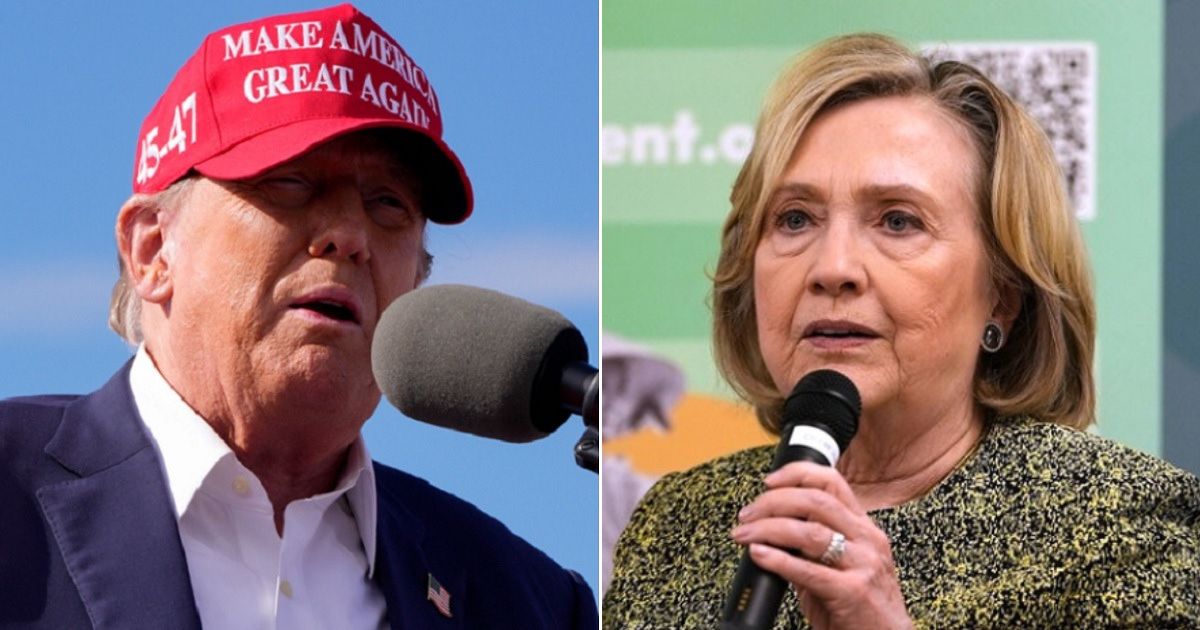 Former President Donald Trump, left, delivers a speech during a rally Saturday at Ohio's Dayton International Airport. Right, former first lady and Secretary of State Hillary Clinton is pictured in a file photo from December in Dubai, United Arab Emirates.