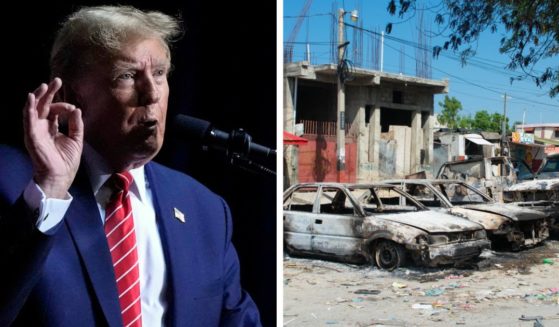 Former President Donald Trump speaks at a rally in Georgia on Saturday, and an image of charred vehicles amid gang violence in Port-au-Prince, Haiti, on Saturday.