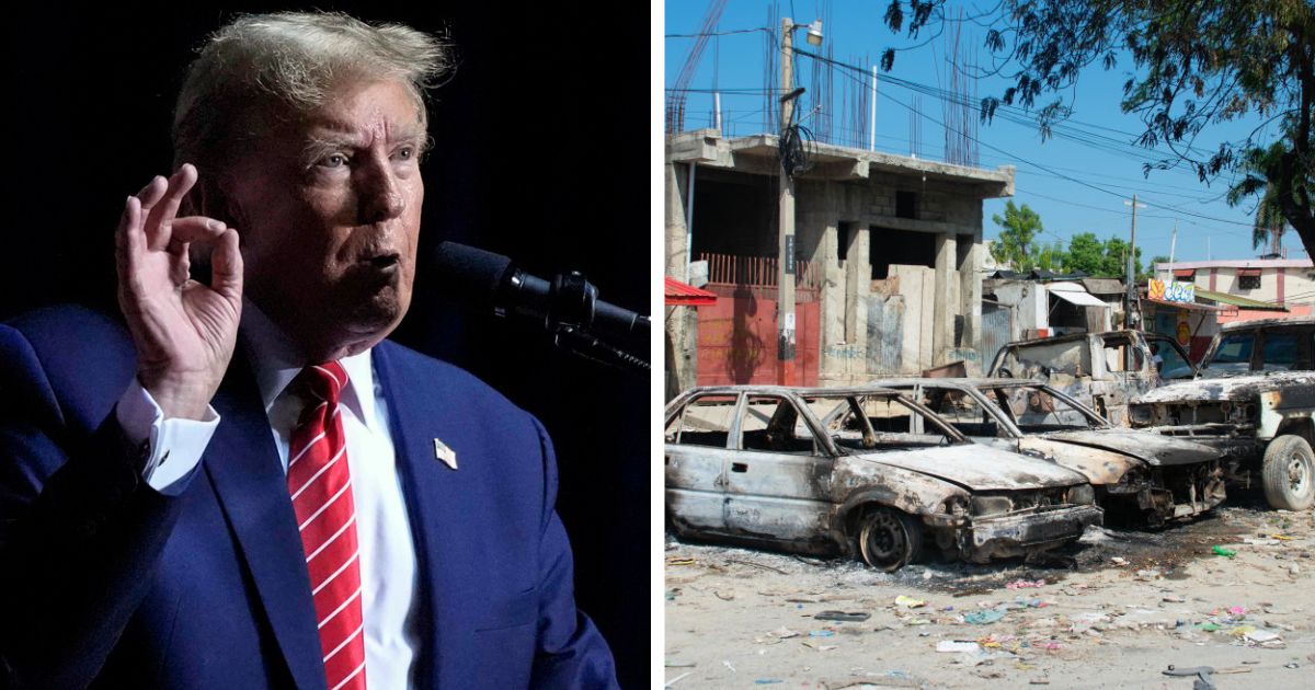 Former President Donald Trump speaks at a rally in Georgia, and an image of charred vehicles amid gang violence in Port-au-Prince, Haiti.