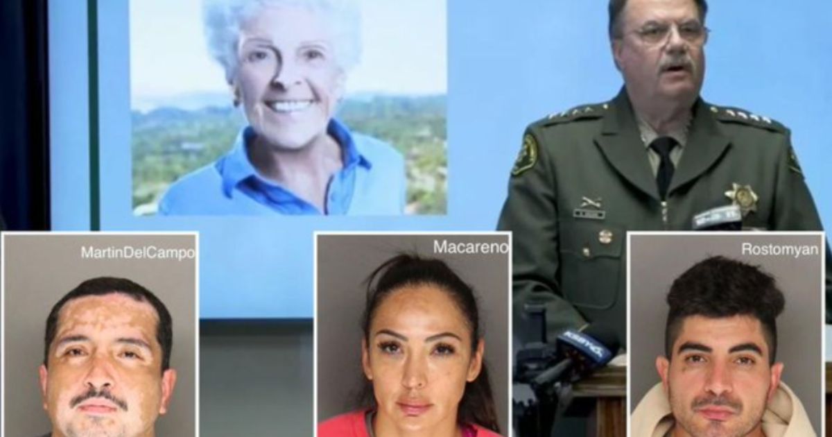 Top left, 96-year-old Violet Evelyn Alberts of Montecito, California, was the victim of a murder-for-hire plot, according to authorities, top right. From bottom left, three suspects in the case are Ricardo MartinDelCampo, 41, Pauline Macareno, 48, and Henry Rostomyan, 33.