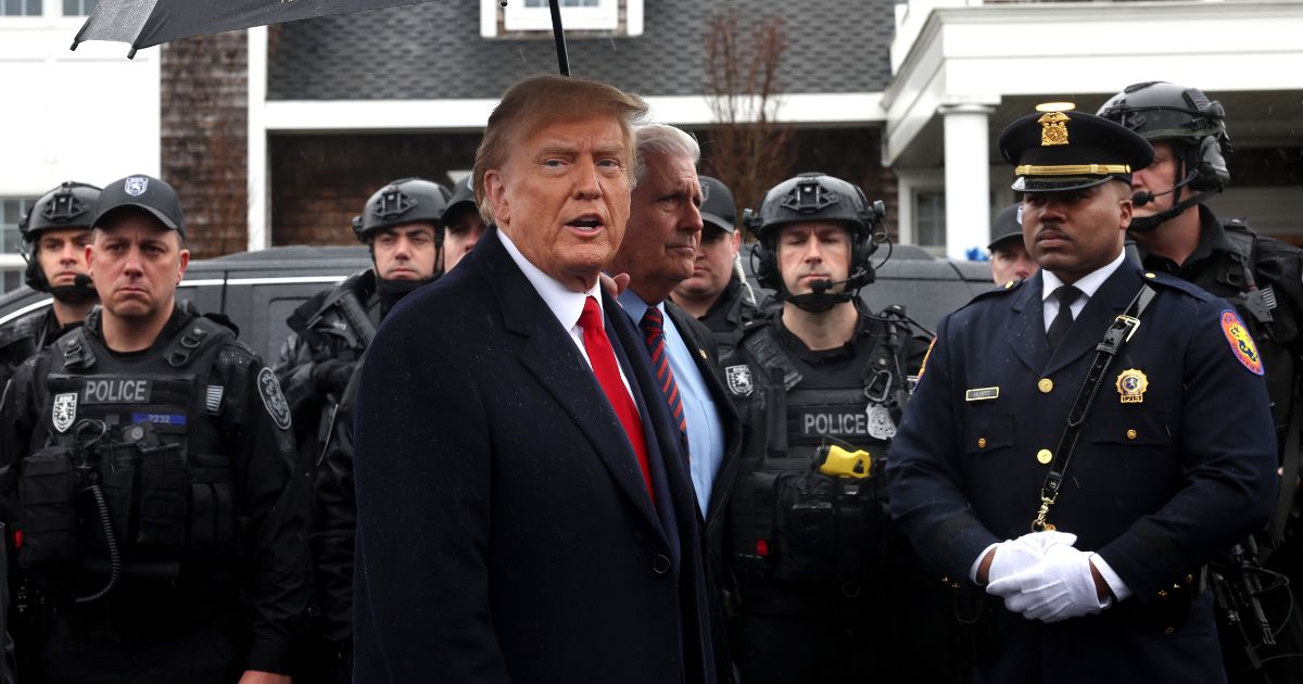 Former President Donald Trump speaks to the media after attending the wake of slain NYPD Officer Jonathan Diller on Thursday at a funeral home in Massapequa, New York.