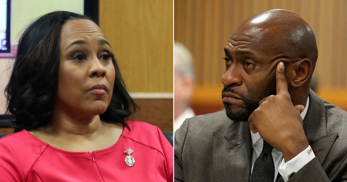 At left, Fulton County District Attorney Fani Willis takes the stand as a witness during a hearing in the case against former President Donald Trump at the Fulton County Courthouse in Atlanta on Feb. 15. At right, special prosecutor Nathan Wade attends a hearing in the case on Feb. 27.