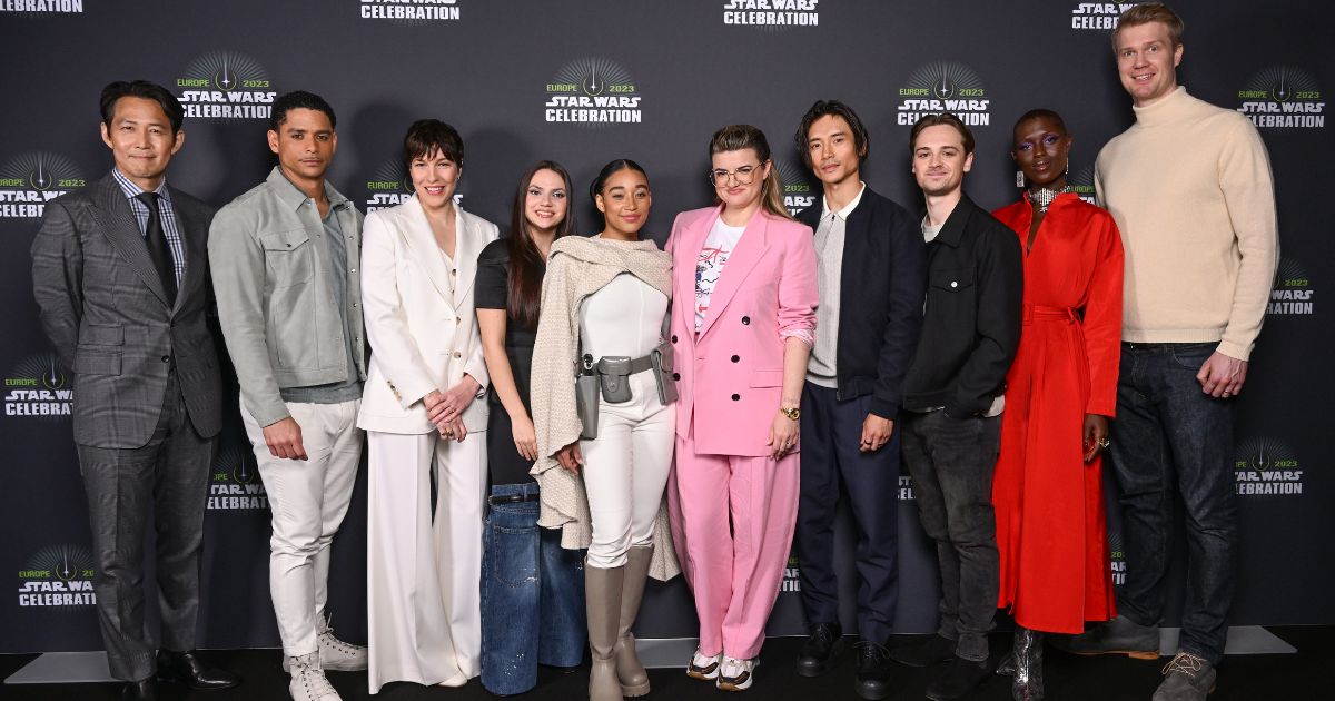 The cast of "The Acolyte," from left: Lee Jung-Jae, Charlie Barnett, Rebecca Henderson, Dafne Keen, Amandla Stenberg, Leslye Headland, Manny Jacinto, Dean-Charles Chapman, Jodie Turner-Smith and Joonas Suotamo attend the studio panel at Star Wars Celebration 2023 in London at ExCel on April 7, 2023 in London, England.