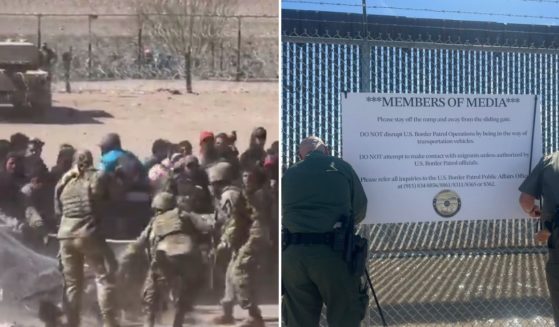 Illegal immigrants storming the U.S. border and the sign the Border Patrol put up in response