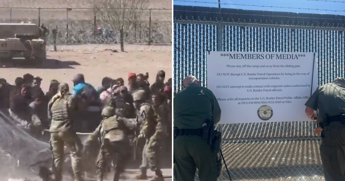 Illegal immigrants storming the U.S. border and the sign the Border Patrol put up in response