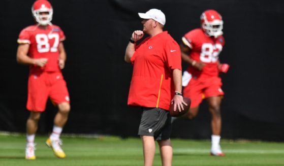 Prior to Super Bowl LIV in January 2020, then-Kansas City Chiefs linebackers coach Britt Reid watches players practicing at Baptist Health Training Facility at Nova Southern University in Davie, Florida.