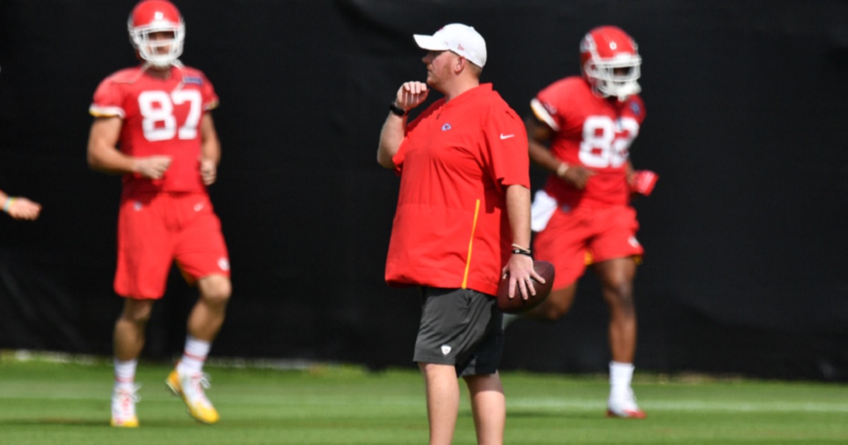 Prior to Super Bowl LIV in January 2020, then-Kansas City Chiefs linebackers coach Britt Reid watches players practicing at Baptist Health Training Facility at Nova Southern University in Davie, Florida.