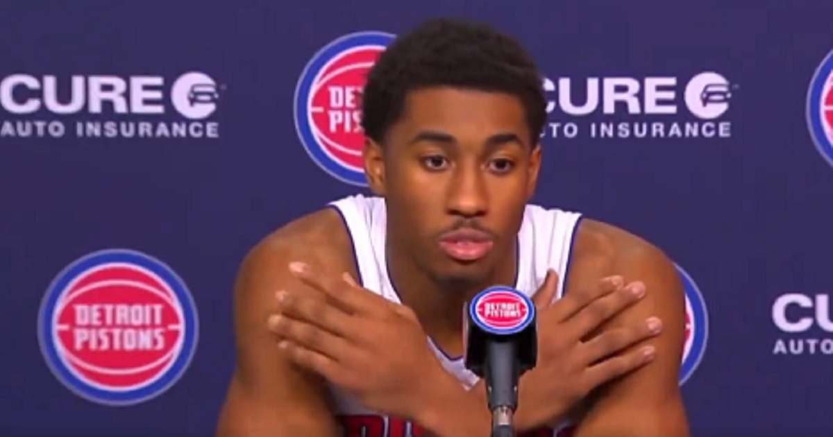 Detroit Pistons guard Jaden Ivey at a post-game news conference on March 7.