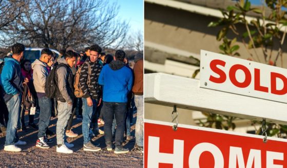 At left, illegal immigrants line up to be processed by Border Patrol after crossing the Rio Grande outside Eagle Pass, Texas, on Feb. 4. At right, a stock photo shows a "Sold" sign outside a home.