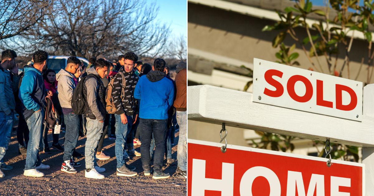 At left, illegal immigrants line up to be processed by Border Patrol after crossing the Rio Grande outside Eagle Pass, Texas, on Feb. 4. At right, a stock photo shows a "Sold" sign outside a home.