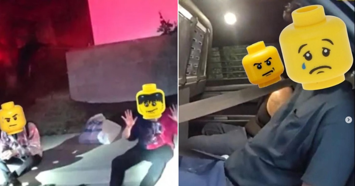 Pictures of arrests by the Murietta, California, police department that show the suspects' faces block by Legos.