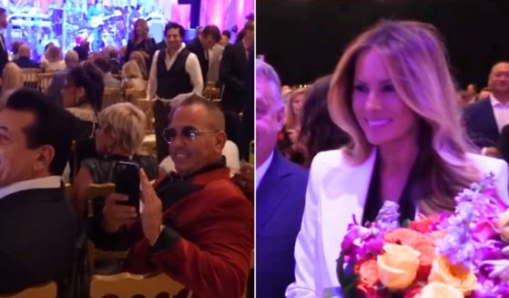 Former first lady Melania Trump, right, makes an appearance at a dinner Friday at the Trump home at the Mar-a-Lago Club in South Florida. The crowd took notice, left.