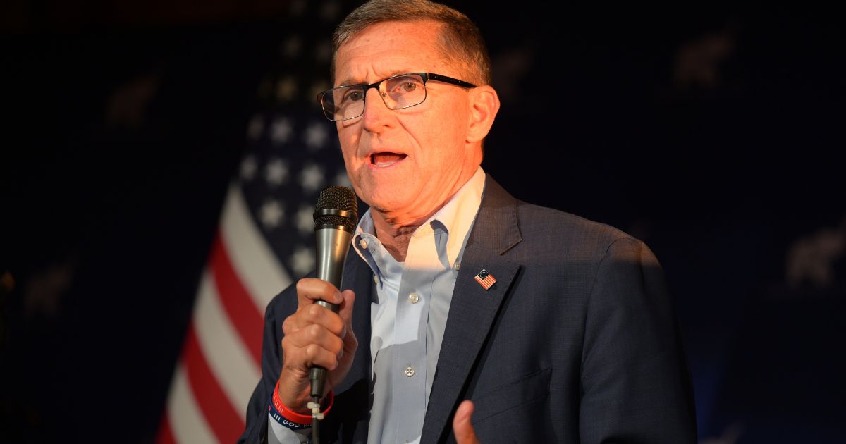 Michael Flynn speaks at an event on April 21, 2022, in Brunswick, Ohio.