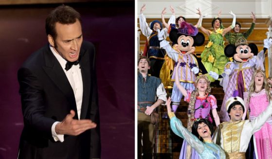 Nicolas Cage, left, speaks onstage during the 96th Annual Academy Awards at Dolby Theatre on March 10 in Hollywood, California. At right, Disney characters Princess Jasmine, Aladdin, Belle, Prince Adam, Rapunzel, Princess Tiana, Prince Naveen, Snow White, Mickey Mouse, Minnie Mouse, Cinderella, Prince Charming and others perform in the Royal Ball lobby during the Disneyland Hotel reopening celebration at Disneyland Paris on February 3 in Paris, France.