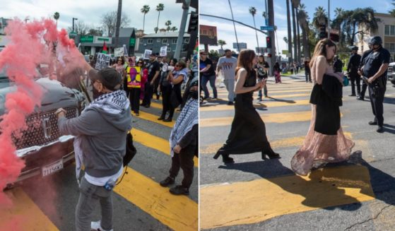 Demonstrators blocking Oscars traffic, left. Women in evening gowns walking in the middle of a street guarded by police, right.