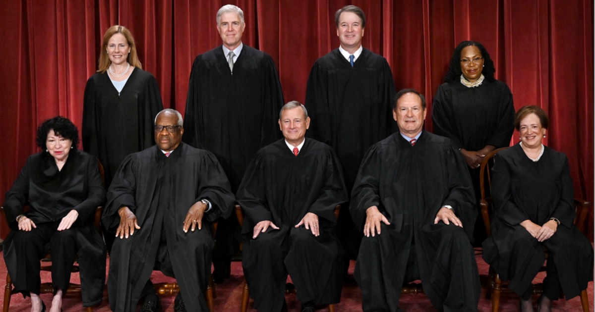 Supreme Court are pictured in their official photo in October 2022. Seated, from left: Associate Justice Sonia Sotomayor, Associate Justice Clarence Thomas, Chief Justice John Roberts, Associate Justice Samuel Alito and Associate Justice Elena Kagan. Standing, from left:  Associate Justice Amy Coney Barrett, Associate Justice Neil Gorsuch, Associate Justice Brett Kavanaugh and Associate Justice Ketanji Brown Jackson.